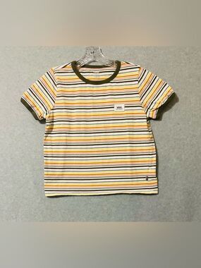 Vans Kids  Girls Olive Trim Yellow & White Striped Tee L